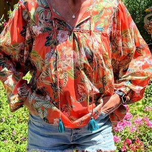 Beautiful Cotton Johnny Was Summer Flowing Blouse, Exquisite Colors, Size Large!